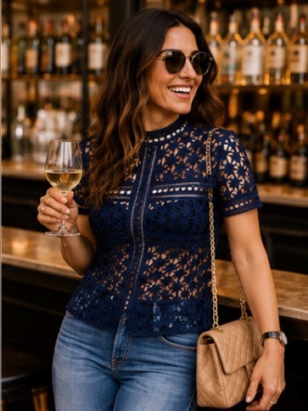 Self-Portrait Star Repeat Lace Top Navy Sheer Designer Blouse Chic